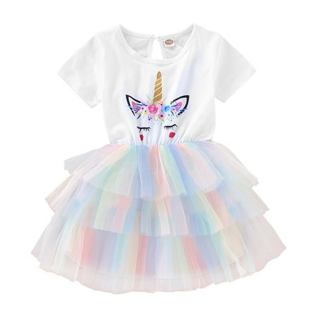 

KIMI BEAR Toddler Girls Dress 3T Toddler Girls Summer Dress 4T Toddler Girls Cute Unicorn Print Colorful Short Sleeve Princess Dress White