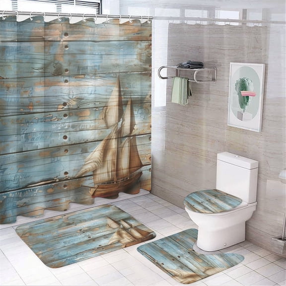 4Pcs Shower Curtain Set with Rugs with Rugs Toilet Lid Cover And Bath Mat Nautical Sailing Wooden Background Waterproof Personality Pattern Bath Curtain Nautical Anchor Old Rustic Style