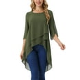 thumbnail image 1 of INSPIRAR CHIC Blusa de Chifón Asimétrica de Cuello Redondo con Mangas de 3/4 y Volantes en Verde Ejército XL, 1 of 6