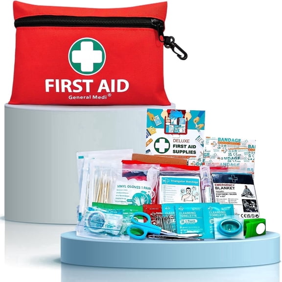 General Medi Mini First Aid Kit 110 Pieces Red Emergency Bag - Compact and Lightweight First Aid Bag, for Emergency at Home, Car, Camping(7.5x5.1 Inch)