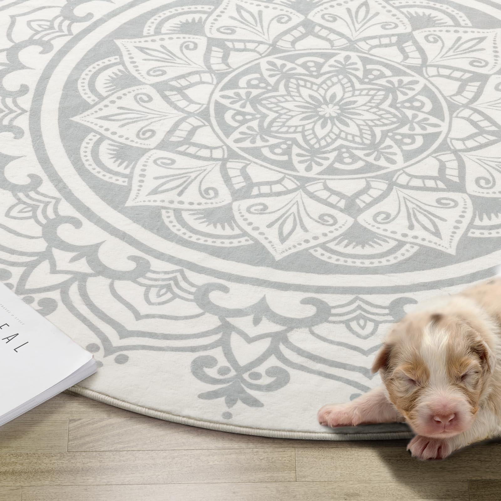 Carvapet Round Area Rug for Living Room, Non Slip Machine Washable Bathroom Rugs, Extra Soft Rugs for Bedroom, Boho Mandala Print Circle Rugs, 3ft Round Grey