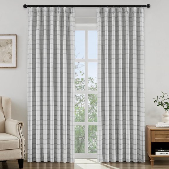 100% Blackout Plaid Pinch Pleated Curtains, Noise Reduction Thermal Insulated with Adjustable Hook and Rings, for Farmhouse Living Room, Bedroom, Nursery 42"W x 63"L (Pack of 2)