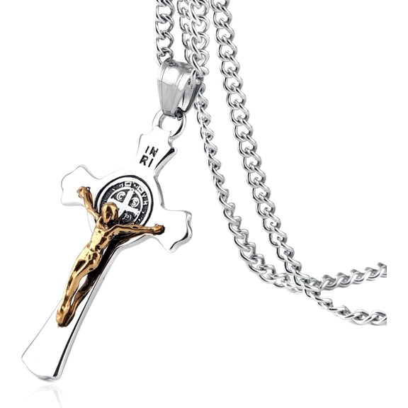 Religion Stainless Steel Saint St St. Benedict Crucifix Cross Pendants Necklace INRI