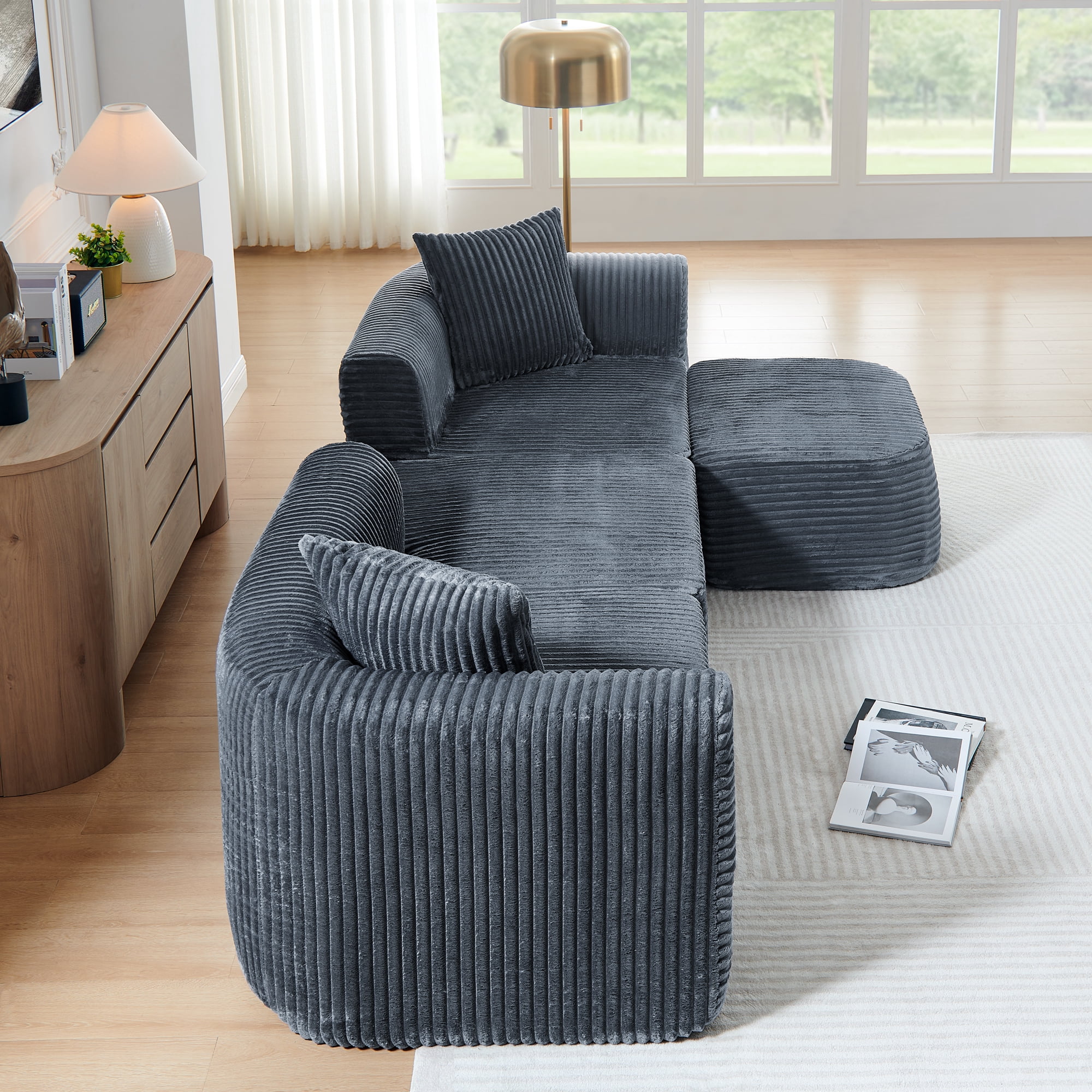 Leumius 114" Cloud Sectional Couch with L-Shape Chaise,Upholstered Corduroy Modular Sofa with Movable Ottoman for Living Room Bedroom, No Assembly Required,Grey