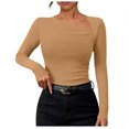 thumbnail image 1 of NINGMENG Womens Tops Solid Color Long Sleeve Slim Knit Asymmetrical Neckline Tops Pullover Tee Shirts Daily-Wear,Beige,XL, 1 of 6