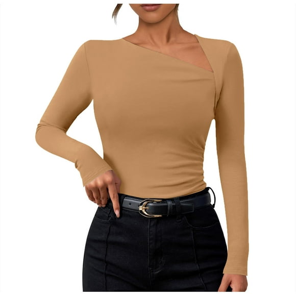 TINZ New Women's Long Sleeved Slim Knit Top With Asymmetrical Neckline T Shirts Solid Colors Women Women Loose Fit Athletic Tops Tops for Leggings Short Sleeve