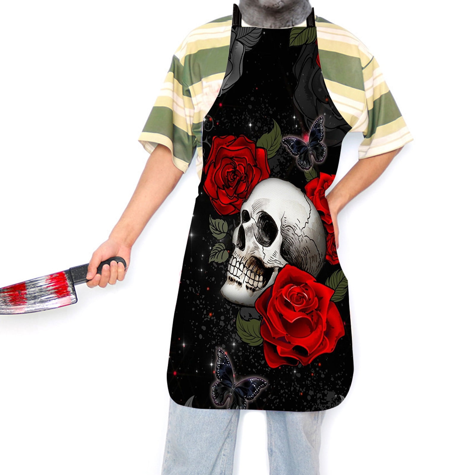 Halloween Apron For Men And Women, Premium Skull Rose Pattern Gothic Holiday Decorative Apron for Kitchen, Dining Room, Cooking