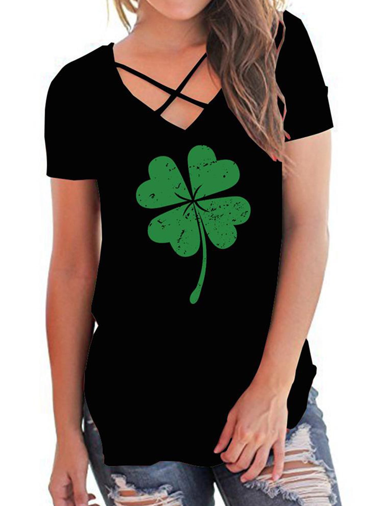 Colored Four-Leaf Clover V-Neck T-Shirts Short Sleeve Womens Colored Four-Leaf Clover V-Neck T-Shirts Short Sleeve Womens