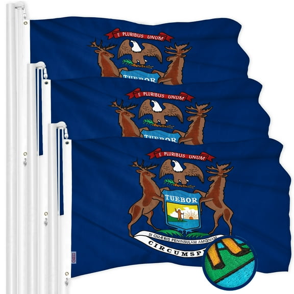 G128 3 Pack: Michigan MI State Flag | 3x5 Ft | ToughWeave Series Embroidered 300D Polyester | Embroidered Design, Indoor/Outdoor, Brass Grommets