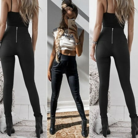 Zipper Leggings Pants - Women Zipper High Waist Stretchy Leather Trousers Slim Pencil Pants Leggings