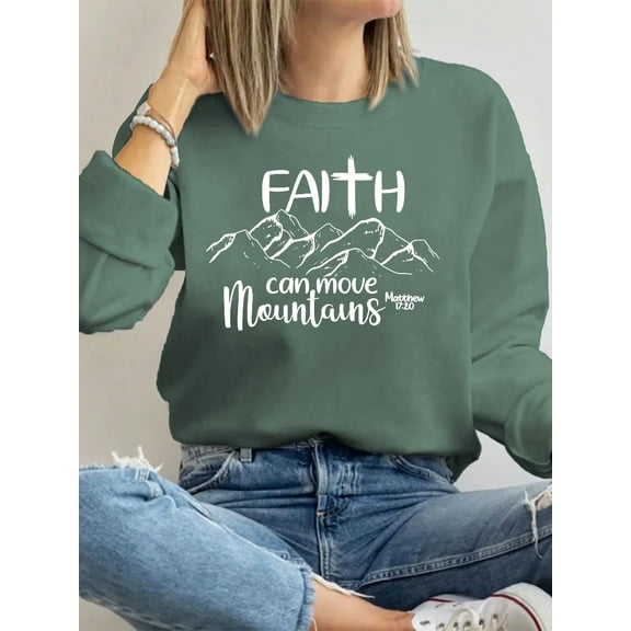 Faith Can Move Mountains Letter Print Long Sleeve Shirts for Women Green One-Piece