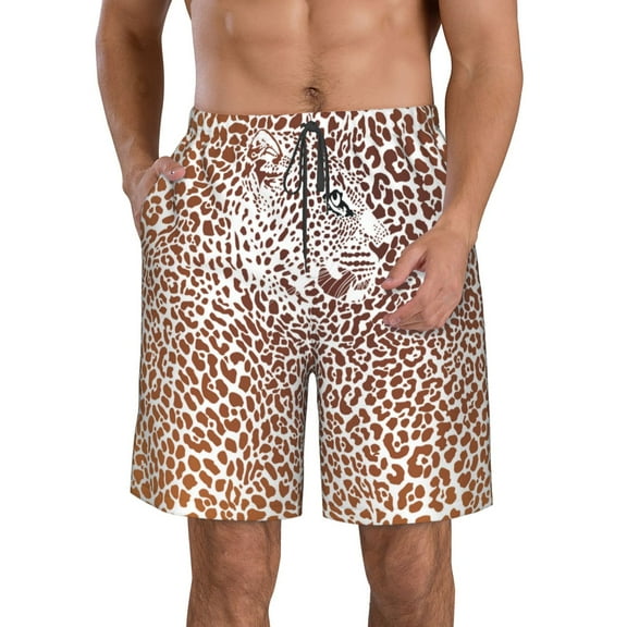 Logiee Leopard Brown Print Mens Swim Trunks Quick Dry Board Shorts,Breathable Hawaii Beach Shorts Swimwear Bathing Suits-Small