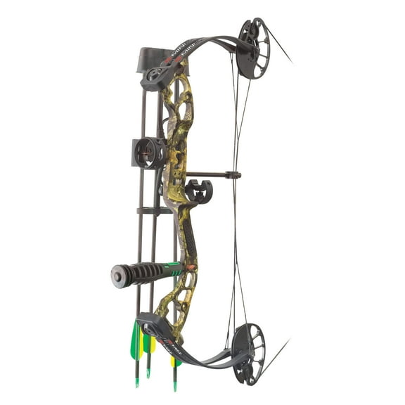 PSE MiniBurner Compound Bow Kit, Right Hand, Mossy Oak Country, Customizable Draw, 3-Pin Sight, Quiver, 3 Arrows (1818RCY2540)