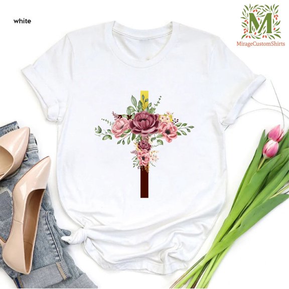 Flower Faith Cross Tshirt, Floral Christian Shirts For Women, Faith Shirt For Her, Cute Religious Tshirt, Christian Tee, Floral Cross Shirt, Full Size S-5XL