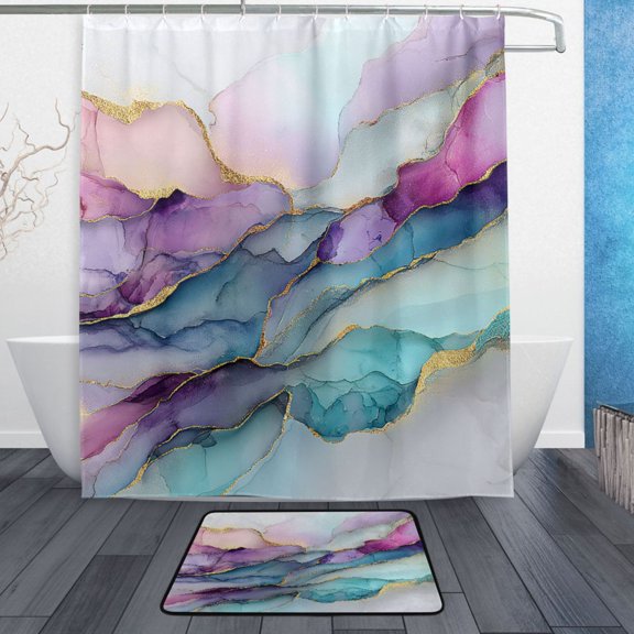 TTYFWHD 60" x 72" Shower Curtain and Bath Mat Set Gilded Mist Of Pastel Hues Waterproof Bathroom Curtain with 12 Hooks, Bathroom Decor Set