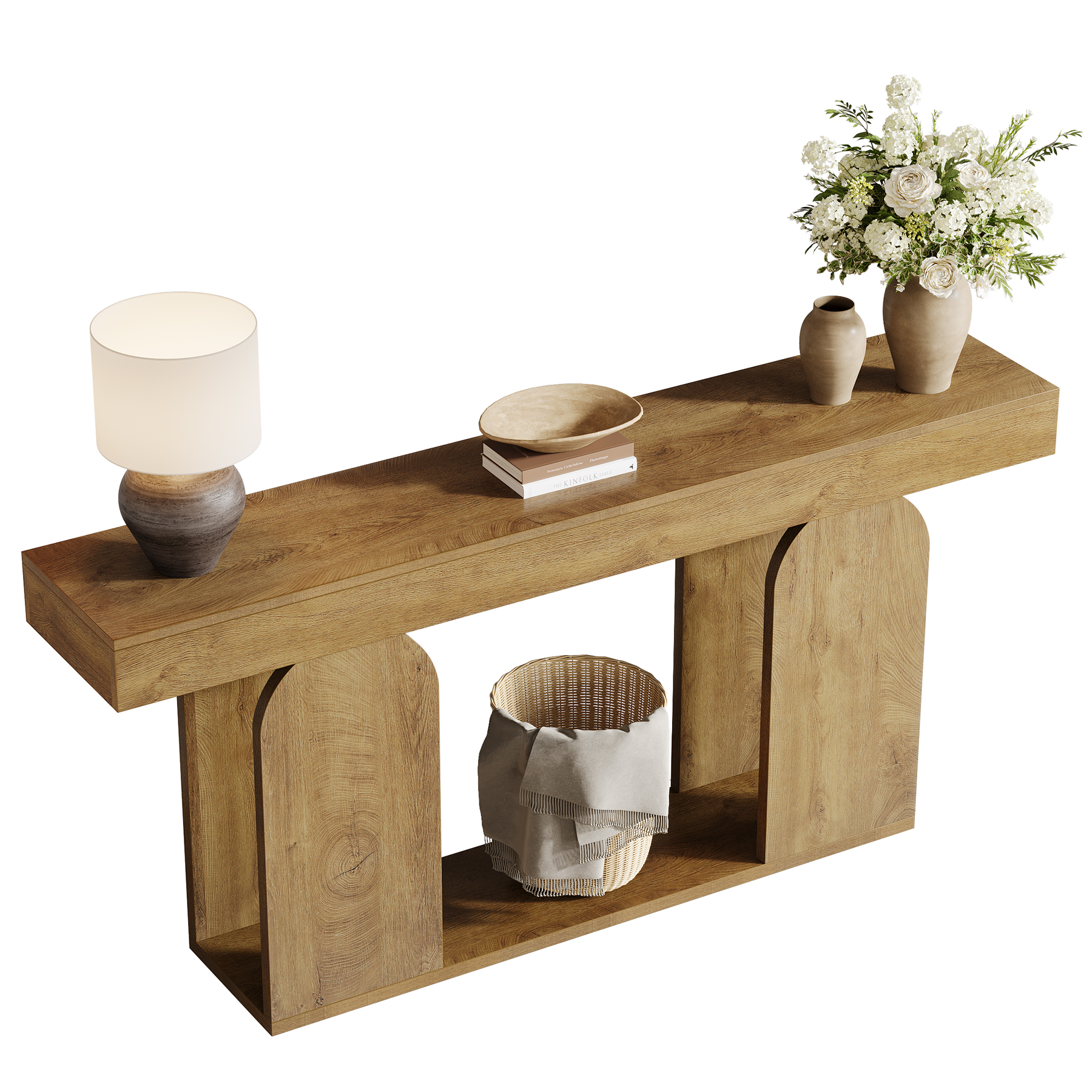 Fnova 70.87" Farmhouse Console Table for Entryway, 2-Tier Storage Long Narrow Wood Entryway Table, Easy Assembly, Light Brown