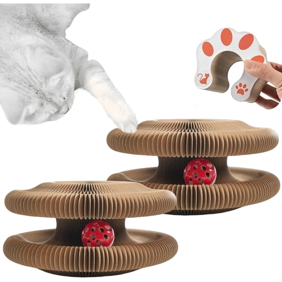 Foldable Accordion Cat Scratcher with Bell Ball, Sturdy Cardboard Scratching Toy for Indoor Cats and Kittens