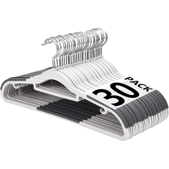 Plastic Non Slip Hangers, Space Saving 30 Pack, Heavy Duty 17.1 Inch Coat Hangers for Dry Wet Clothes, Gray