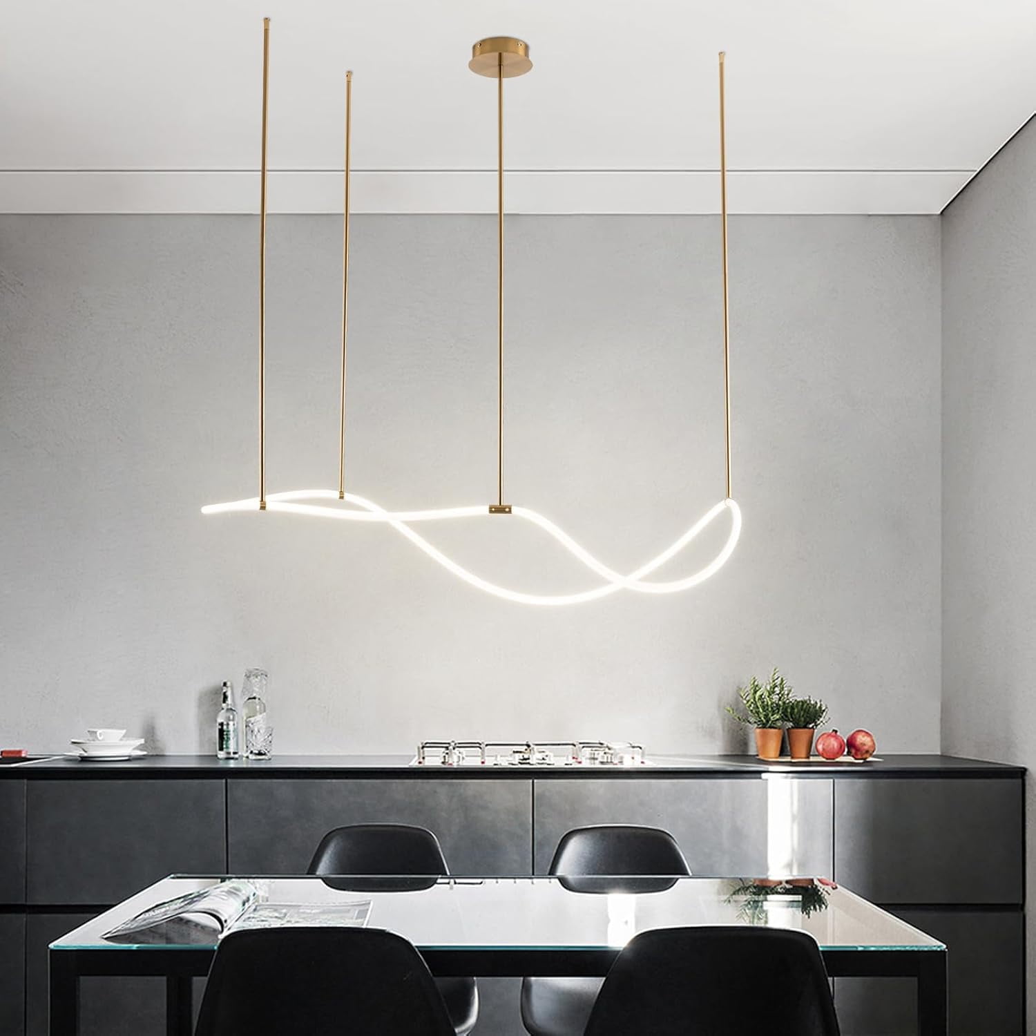 LED Modern Music Symbol Pendant Light, 4500K Acrylic Linear Adjustable Height Chandeliers Ceiling Mount Lighting Fixture for Dining Room Living Room Bedroom