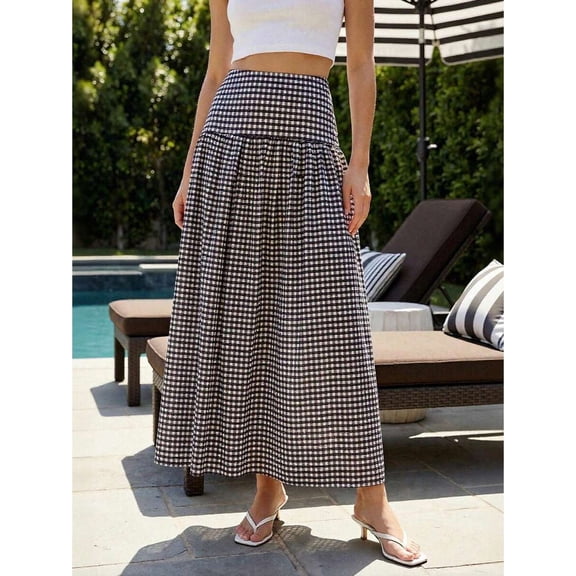 Dark Brown Gingham Maxi Skirt A-Line High Waist Flowing Summer Skirt