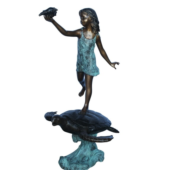 Adventurous girl on a turtle bronze statue fountain -  Size: 35" x 29" x 56"H.
