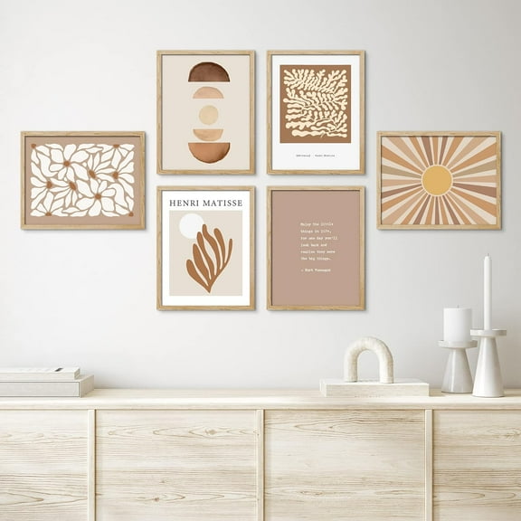 PixonSign Framed Canvas Print Wall Art Set - Brown Sunshine & Plants & Letter Patten - Set of 6 Abstract Geometric Minimalism Poster Cultural Art Wall DƩcor - 8"x10"x6 Natural