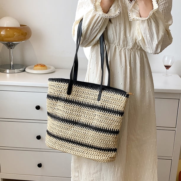 Bolsa Bolsos de hombro de paja de verano Bolso de playa tejido a rayas para mujer (2) JShteea Para Estrenar