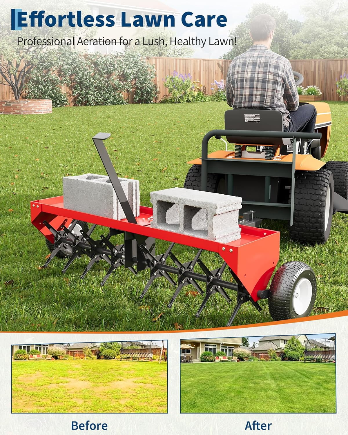 Acekid 48 Inch Tow Behind Lawn Plug Aerator - Galvanized Steel with Universal Hitch & Inflatable Wheels