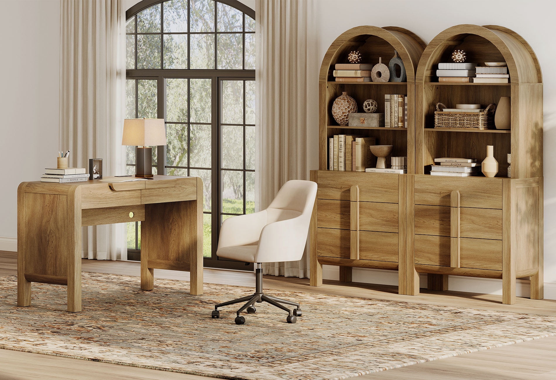 Home Office Set, 47" Modern Executive Desk with Charging Station and Drawers & 2 Piece 71"H Tall 3-Tier Arched Bookcases with Open Storage for Living Room, Bedroom, Home Office