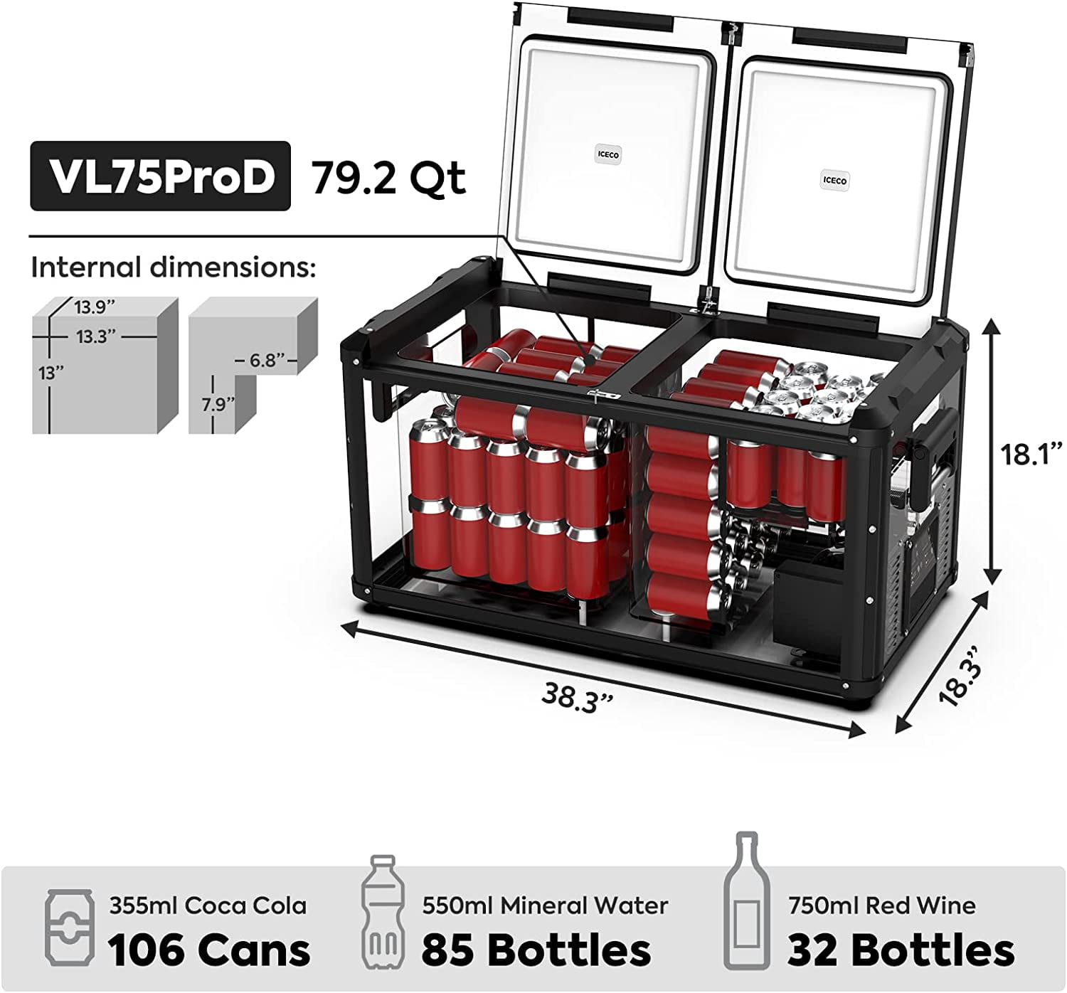 ICECO VL75 ProD 79 Quarts Portable Refrigerator Multi-directional Lid Dual Freezer Steel Compact
