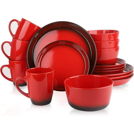 

ALWAYS 16 Piece Christmas Gifts Coffee Cups Plates and Bowls Sets Round Ceramic Dinnerware Kitchen Essentials for New Home (Red & Black)