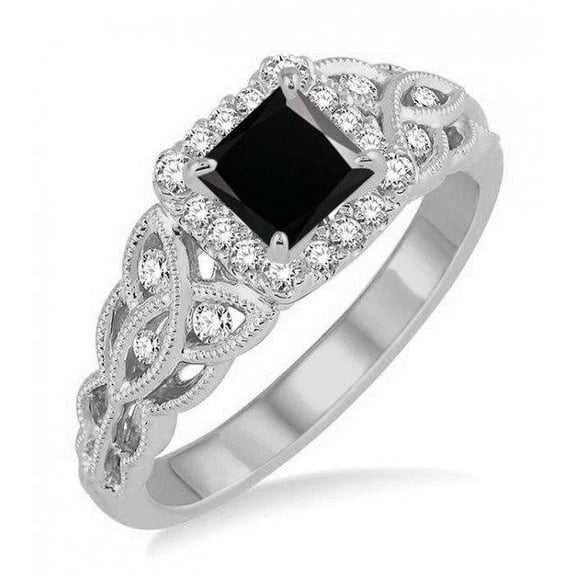 Antique 1.25 Carat Princess cut Black and White Diamond Wedding Ring in 14k White Gold