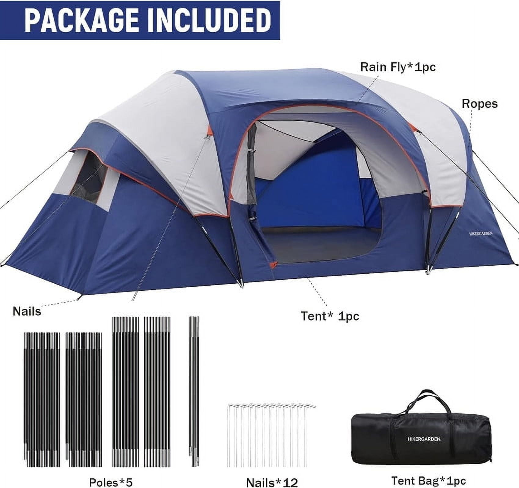 10 Person Camping Tent - Portable Easy Set Up Family Tent for Camp, Windproof Fabric Dome Tent Outdoor for Hiking, Backpacking, Traveling-14'x11'x74in(H)