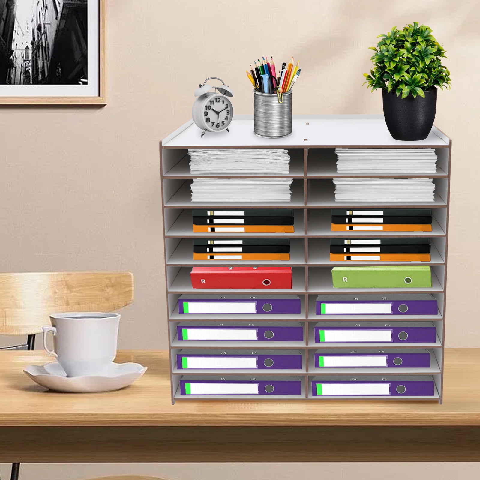 Miumaeov File Organizer for Desk 9Tier 18 Grids Wood Desktop Organizer