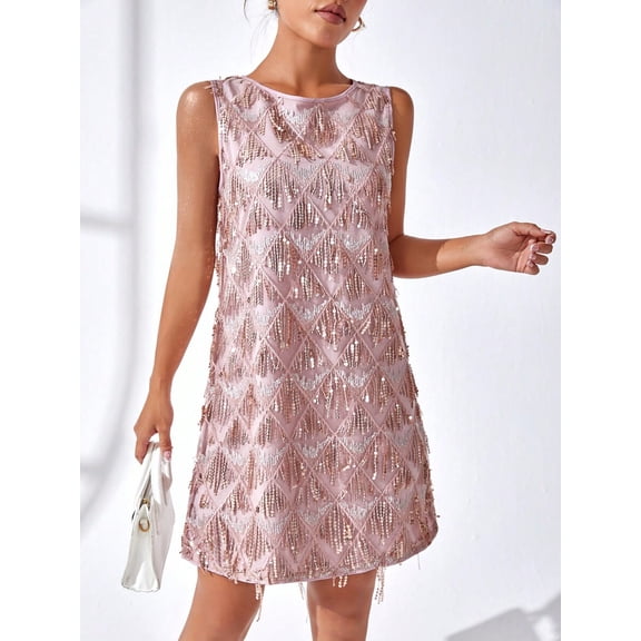 Pink Sequin Fringe Round Neck Sleeveless Glam Mini Dress