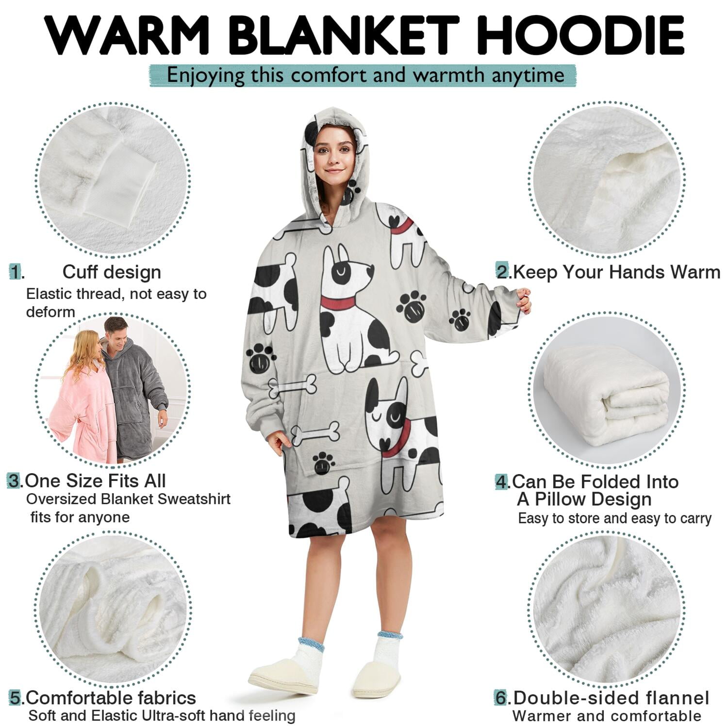 Wearable Oversized Blanket,Bulldog Dog Wearable Blanket Hoodie for Adults,Cozy Hooded Blankets with Super Pockets,Super Warm Fuzzy Pullover for Women & Men