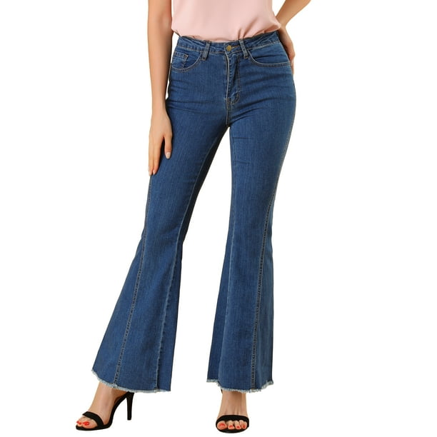 INSPIRE CHIC Pantalones Largos Vintage para Mujer Clásicos de Cintura Alta Jeans de Campana Azul M-L
