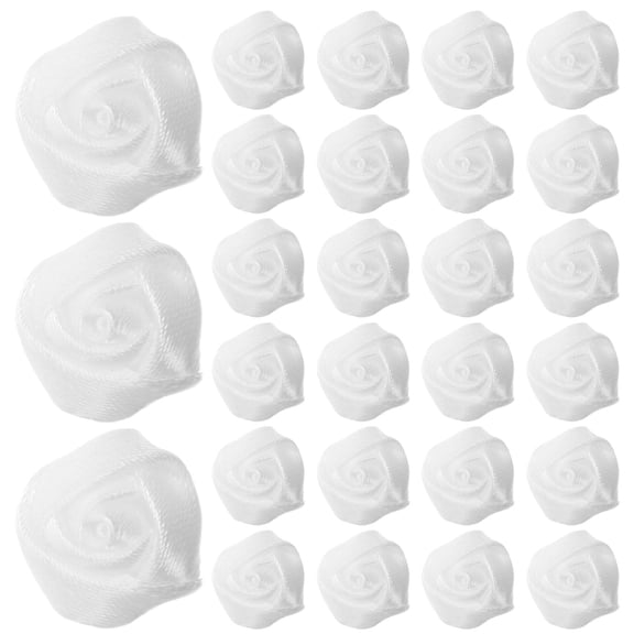 OUNONA 50 Pieces White Satin Ribbon Flower Handmade Artificial Roses for Wedding and Craft Decorations