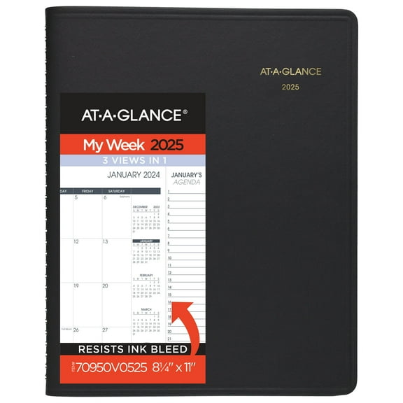 AT-A-GLANCE 70950V05 Triple View 11 in. x 8.25 in. 12-Month (Jan to Dec) 2025 Weekly Vertical-Column Format Appointment Book - Black Cover