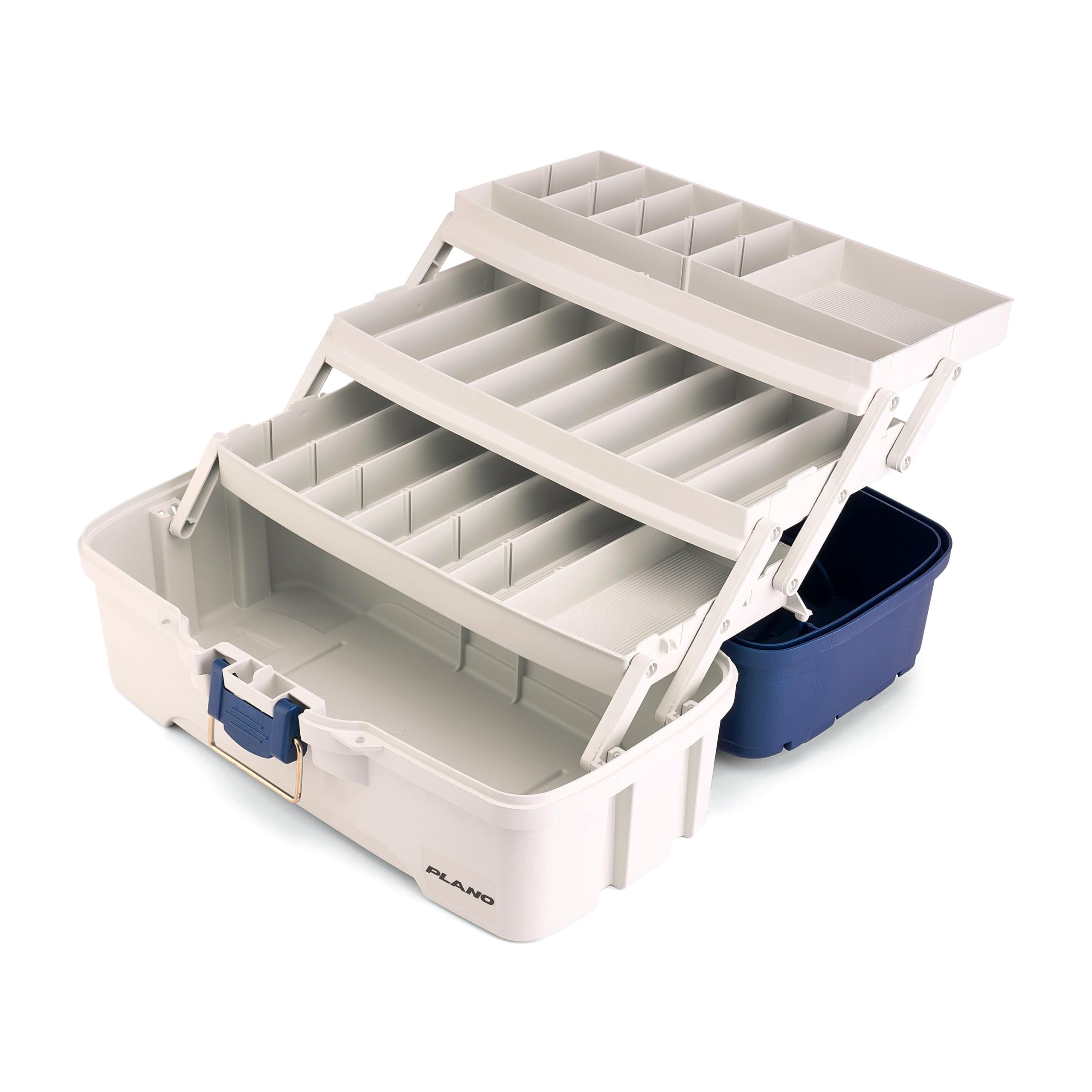 Plano Three-Tray Tackle Box, Blue/White, Rust-Proof Brass Latch, Top-Access Tray with Deep Storage, Made in the USA, Portable Fishing Gear Storage Organizer