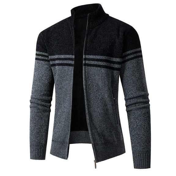 CHEEREAM Men's Cardigan Sweaters Knitted Stand Collar Regular Fit Jacket Full Zip Fleece Lined Winter Warm Coat Black L