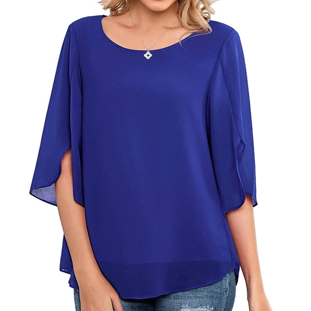 Camiseta de Mujer Media Manga Dividida Capas Dobles Tipo Suelto Ticfox Top de Verano para El Trabajo Uso Diario Azul S