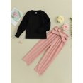 thumbnail image 2 of Liacowi Kids Girl Fall Outfits Solid Color Crew Neck Long Bubble Sleeve Tops Elastic Waist Pants with Belt 2Pcs Clothes Set, 2 of 8
