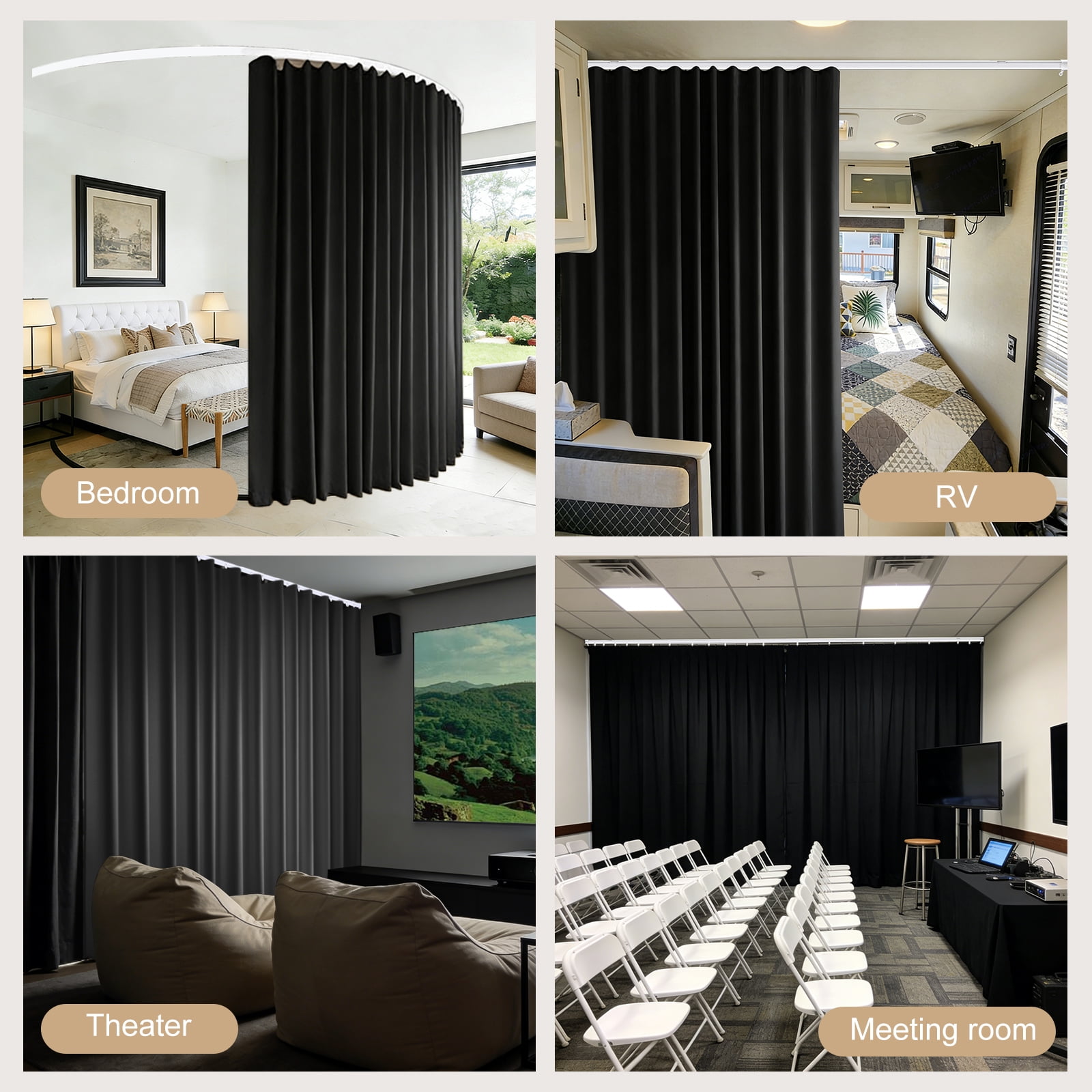 MaKefeile Blackout Curtain Divider with Ceiling Curtain Track for Room Partition,1 Panel Black Privacy Divider Curtain and White Flexible Track Set