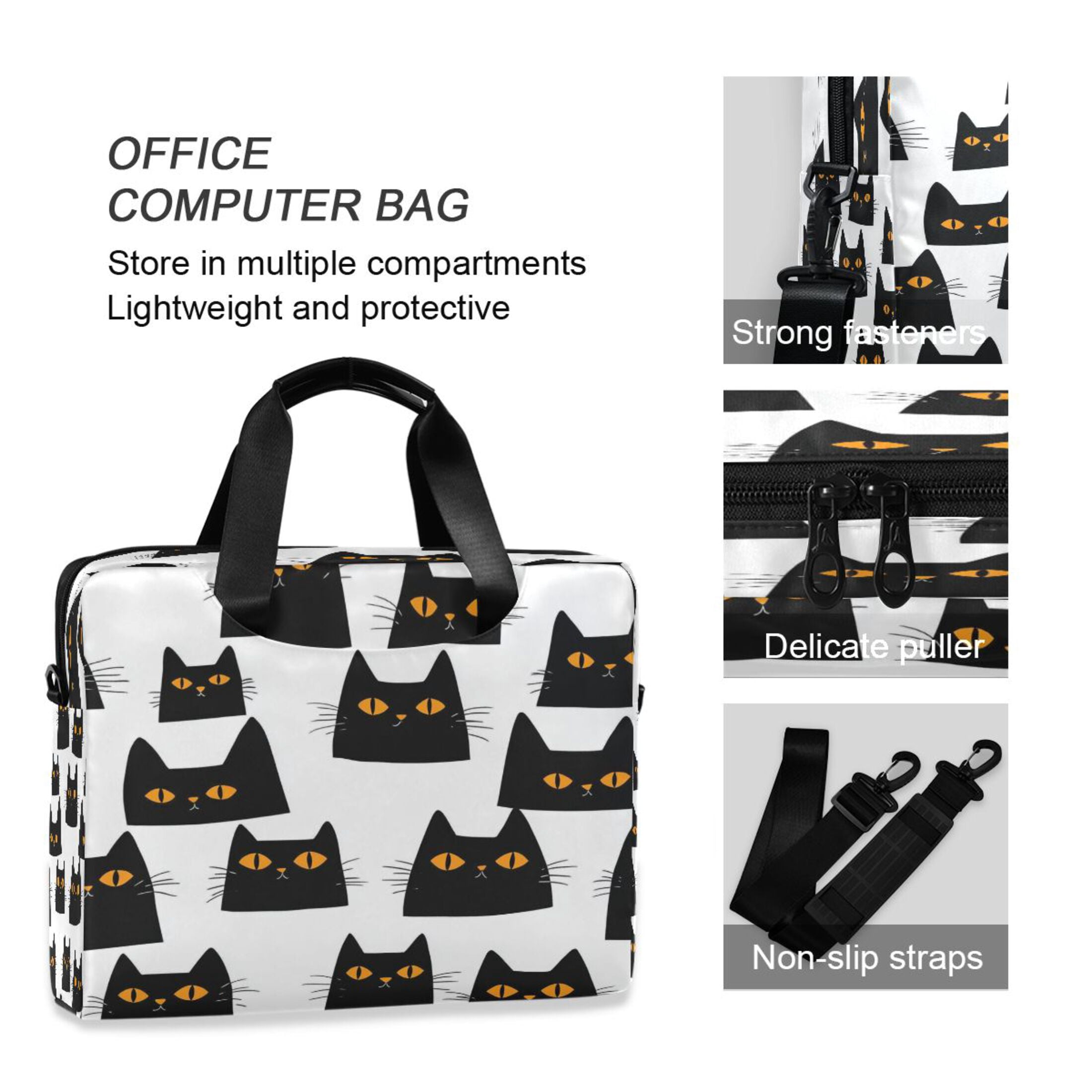 16" Laptop Tote Bag Laptop Sleeve Case Computer Briefcase for Work & Travel Black Cats with Orange Eyes