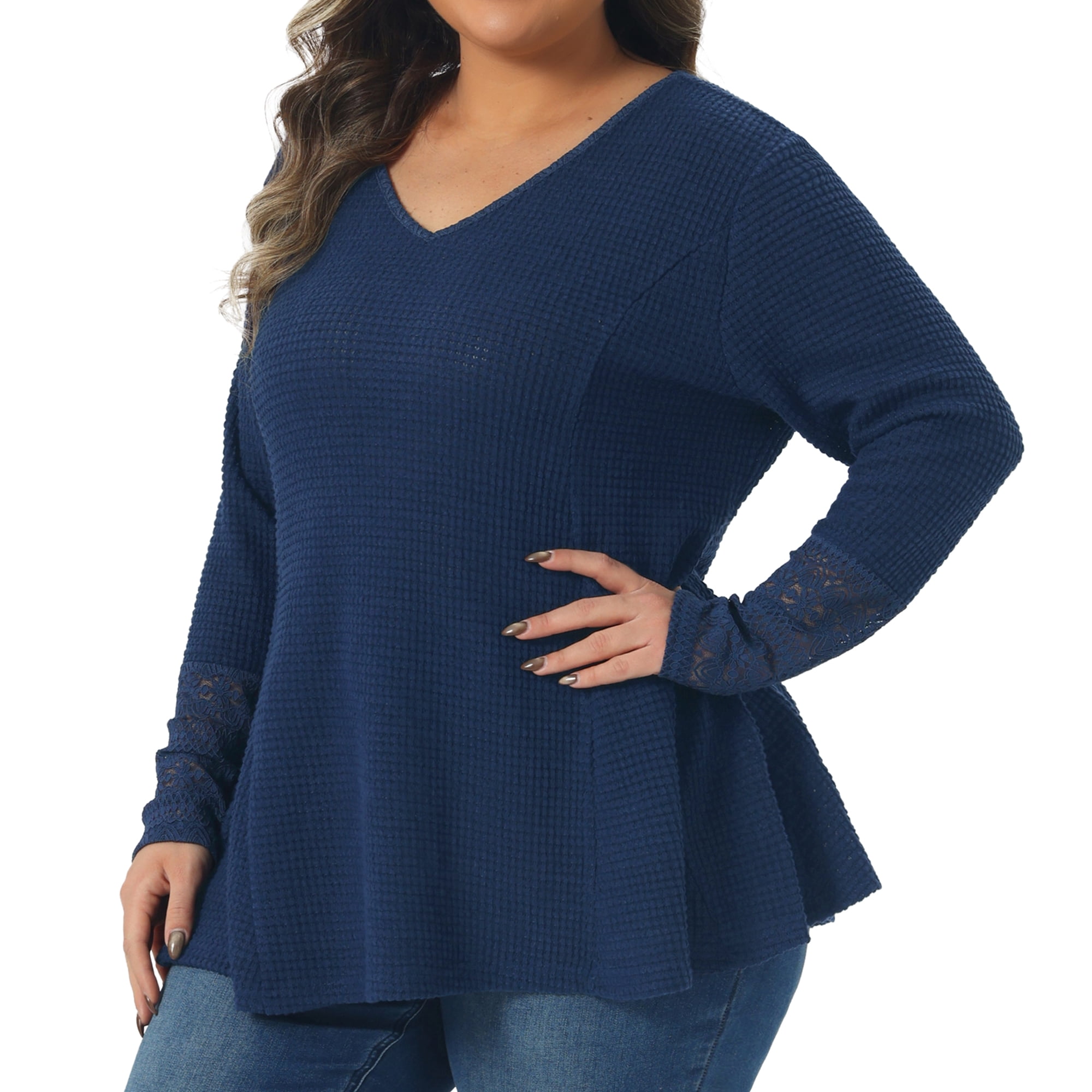 DARING DIVA Women's Plus Waffle Knit Tops V Neck Lace Patchwork Blouse 3X Navy Blue