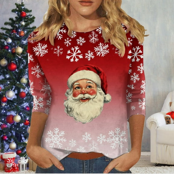 VKOYWKM Fall Tops for Women Christmas Shirts 3/4 Length Sleeve Womens Tops Christmas Santa Graphic T Shirts Casual Crew Neck Funny Family Party Tunic Top