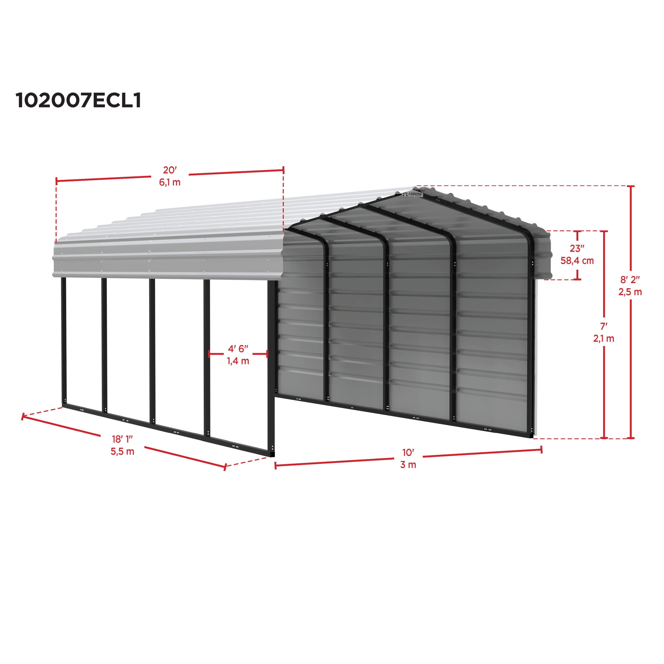 Arrow 10 x 20 x 7 ft Eggshell Carport With 1 Side Wall Kit