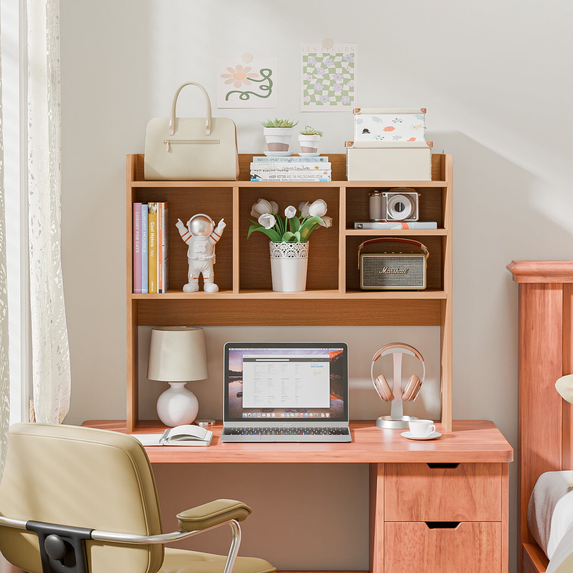 ZENSTYLE Freestanding Desk Organizer Tabletop Bookshelf with 4 Shelves Wood Frame Natural