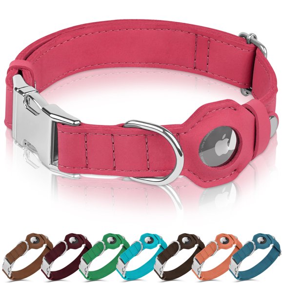 BUDKAS Leather Dog Collar with Airtag Holder - Soft Adjustable Airtag Dog Collar with Metal Buckle - GPS Tracking Pet Collar for Small Large Dogs Puppies Cats (Pink, M, 14"-18" Neck Fit)